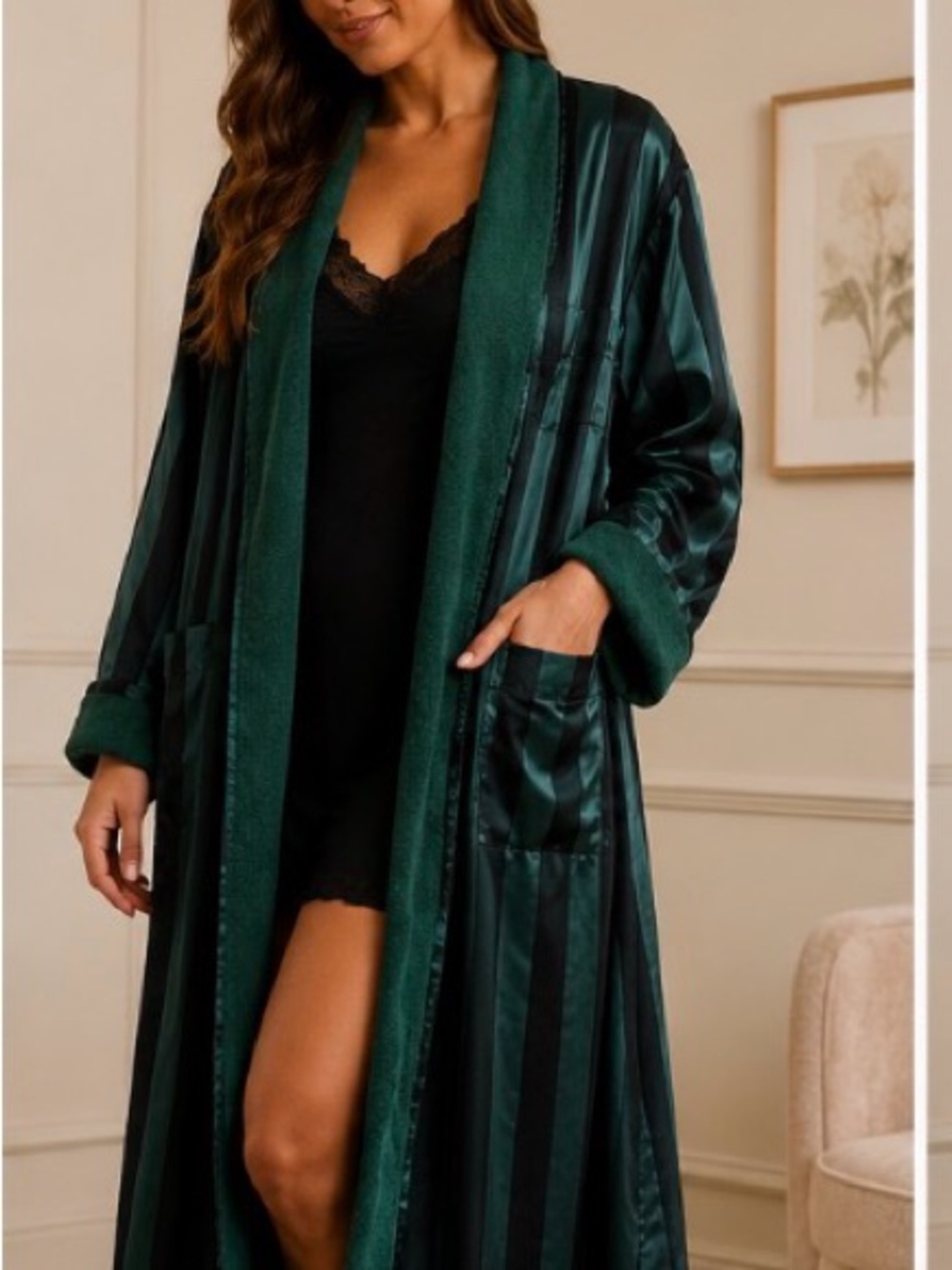 Intimate Cacique Emerald Green Striped Satin Spa Robe Medium